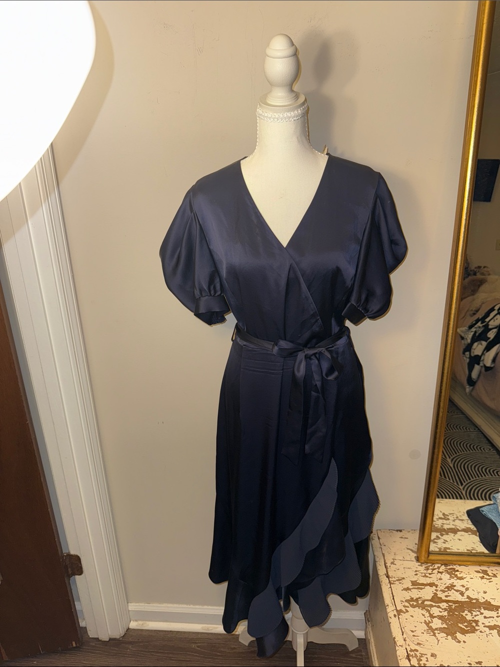 Diane Von Furstenberg Navy Satin Wrap Midi Dress